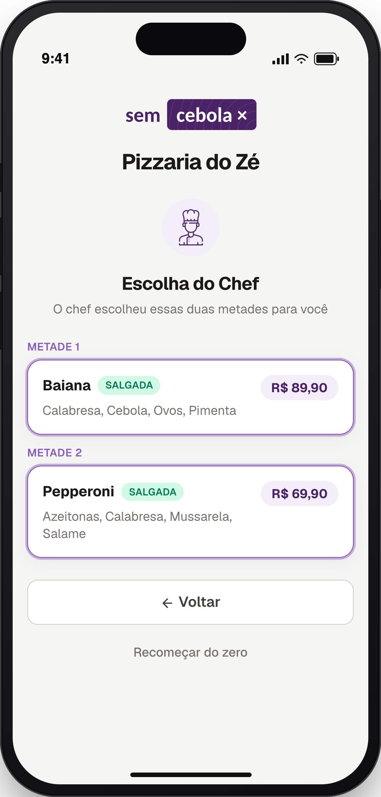 Tela que o cliente da mesa recebe: “Escolha do Chef”, com a pizza Amazonense sugerida, seus ingredientes e o preço.